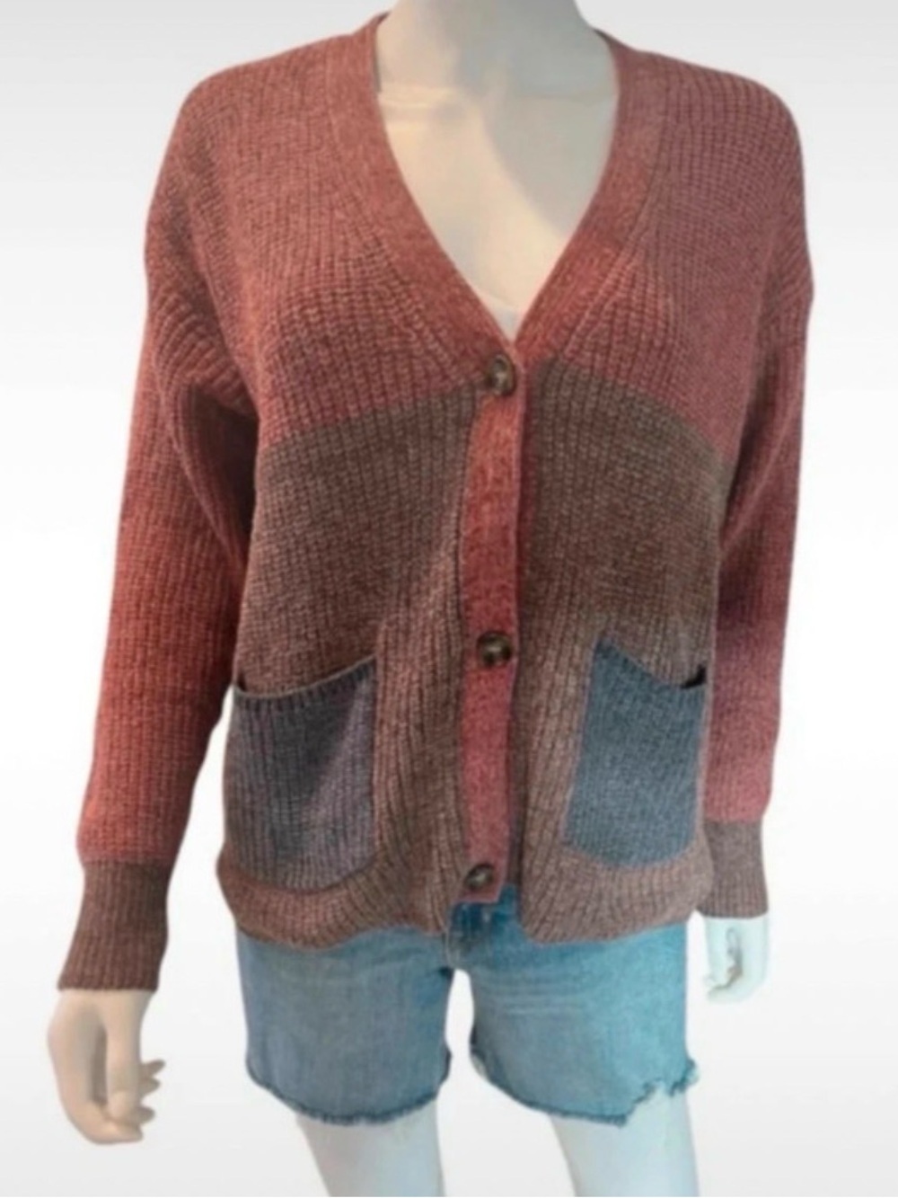 Mystree Cozy Colorblock V-Neck Cardigan Sweater with front pockets nwot sz LG